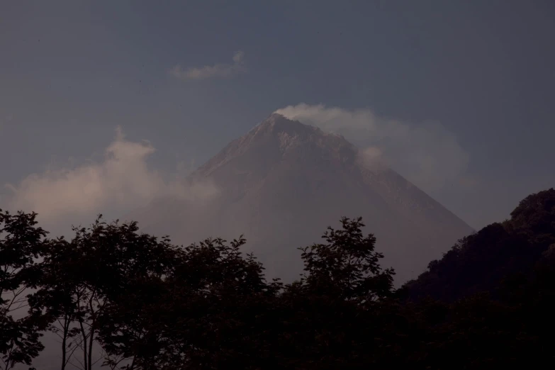 there is a large mountain behind the trees