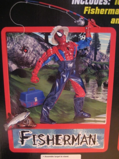 spider man has his arms in the air with fishing rod