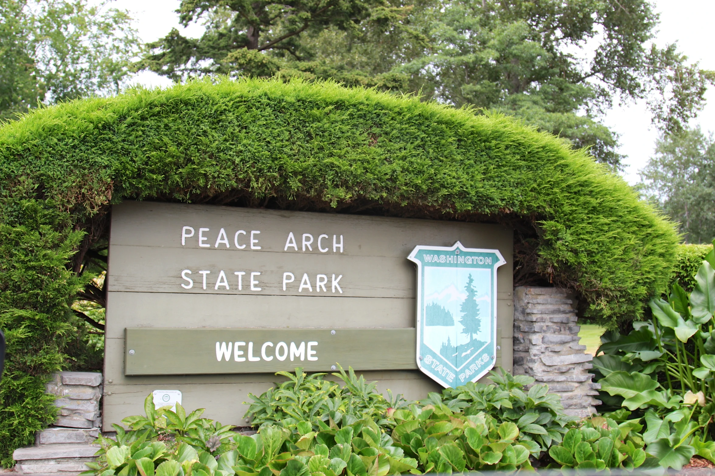 the entrance to state park sign with a large green plant