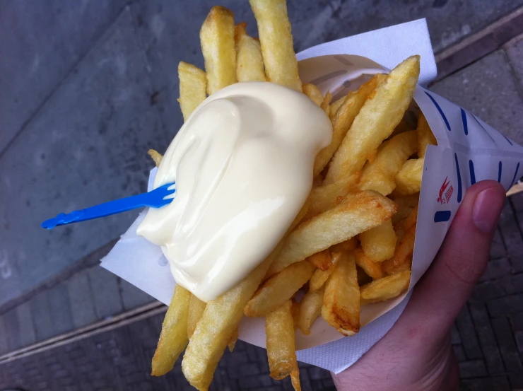 a basket filled with fries covered in sauce