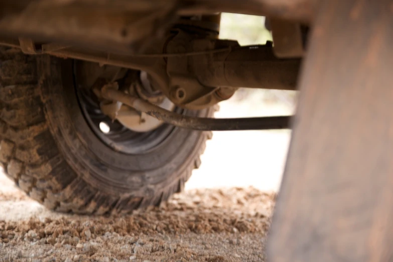 closeup of vehicle tires with dirt on ground