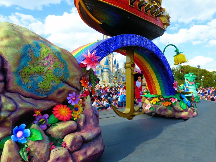 colorful parade float on street at outdoor event