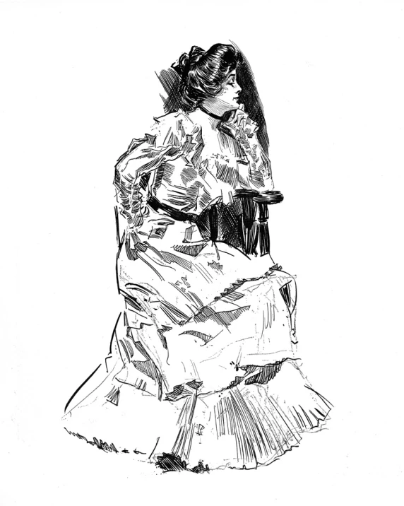 a black and white drawing of a woman on a chair