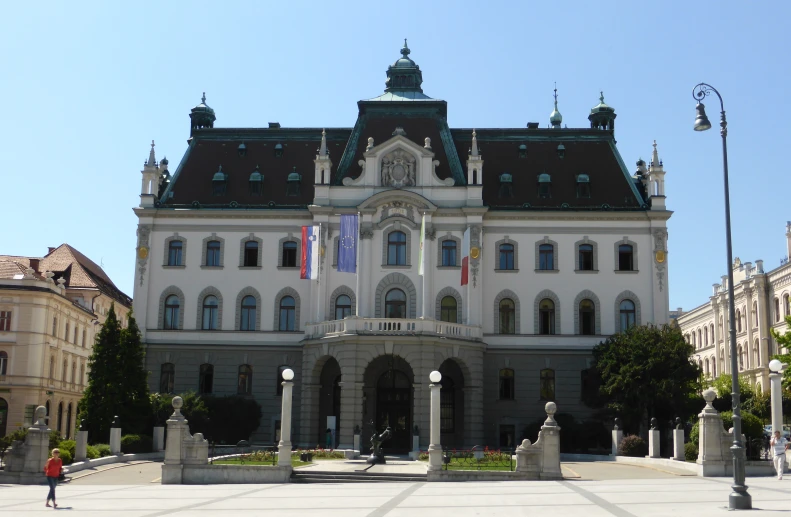 the large building has a black roof