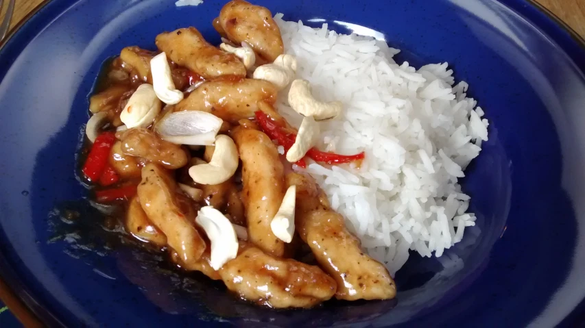 the blue plate has white rice and chicken and vegetables