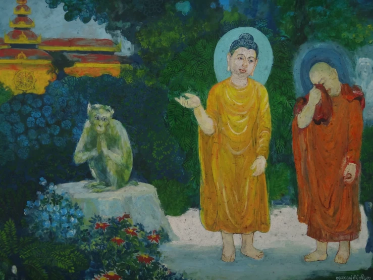 a painting on a wall with two buddhas