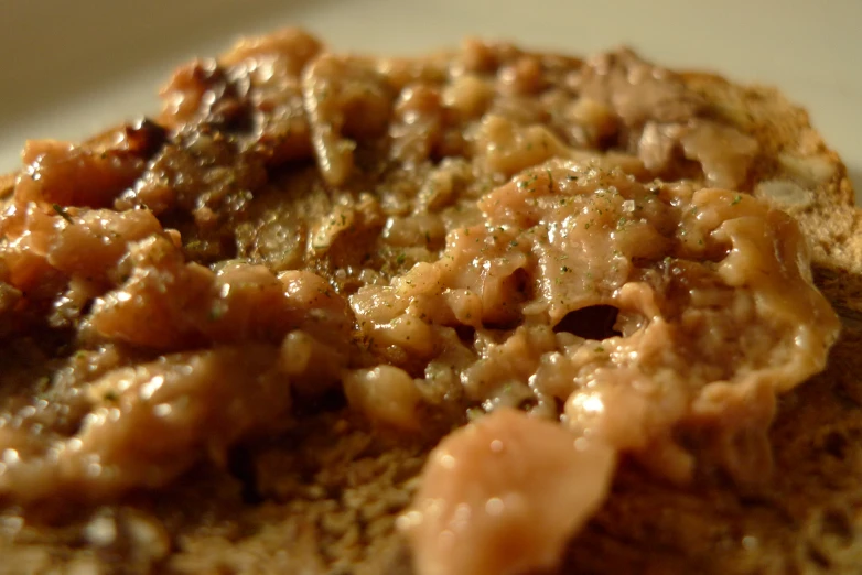 a closeup view of a biscuit with meat and sauce