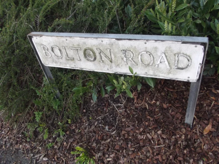 a sign for the town of hilton road sits in a bed of leaves