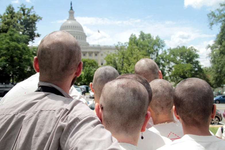 several bald men stand next to each other looking at the capitol building