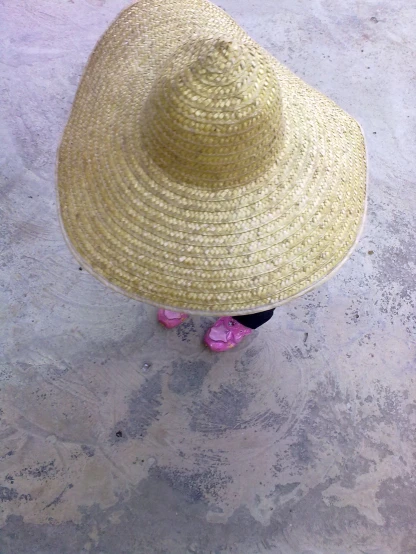 a woman wearing a straw hat standing on top of the ground