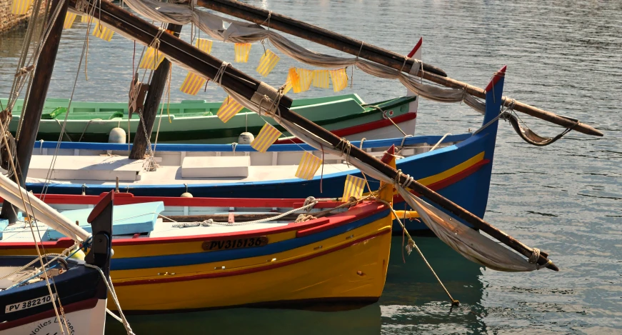 colorful boats tied to poles in calm water