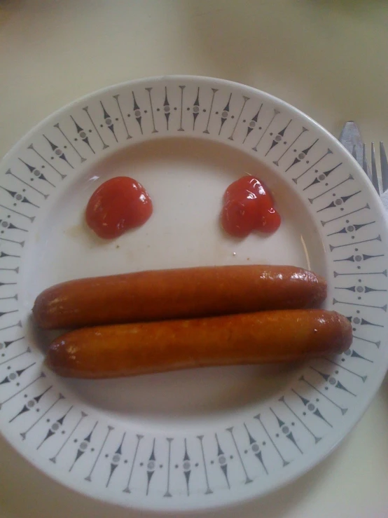 a white plate with two  dogs drawn as faces on it