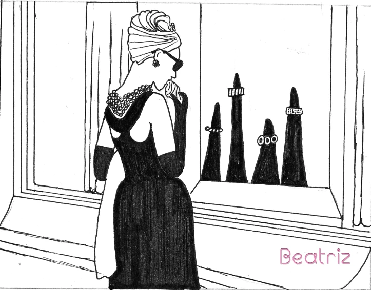 a drawing of a woman looking at lipstick