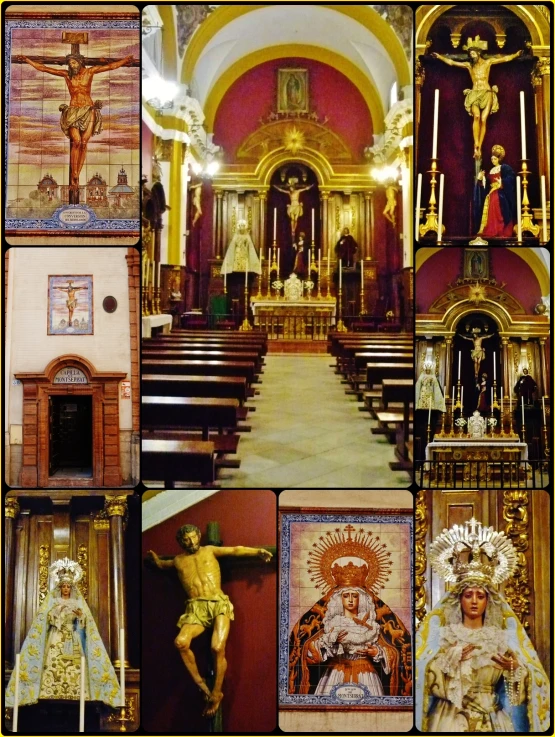 a collage of images featuring an interior of a church