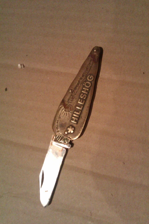 a stainless steel razor blade resting on a wooden surface