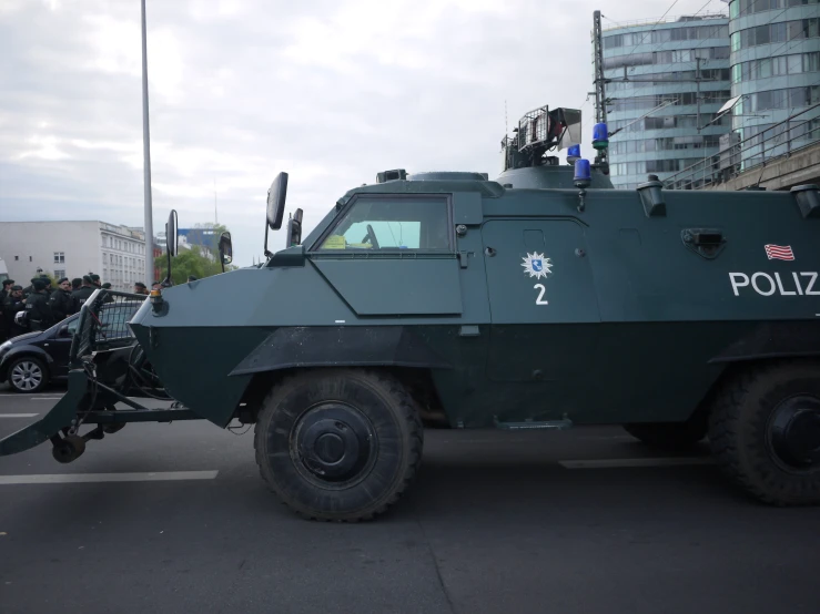 a police armored vehicle parked in the street