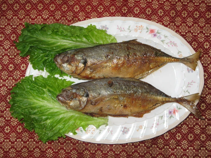 two fish are on a plate with lettuce