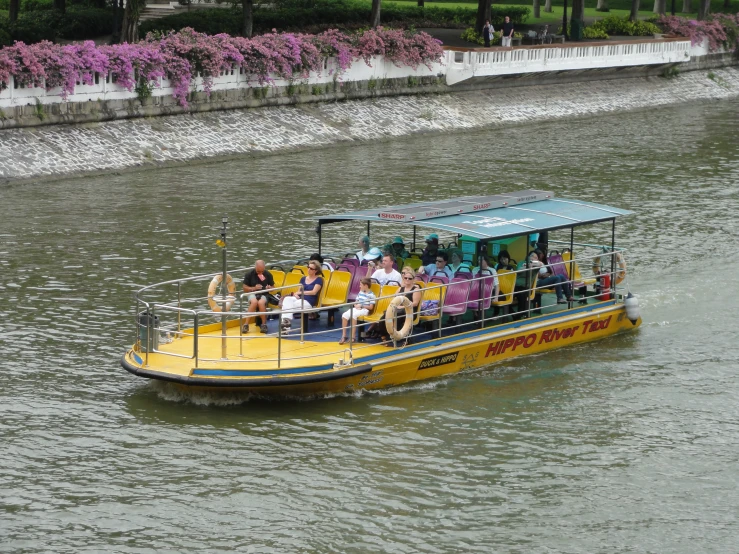 people in a tour boat on the river