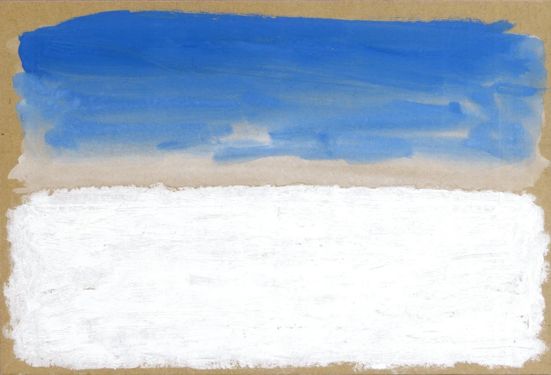 white, blue and brown painting over dark brown ground