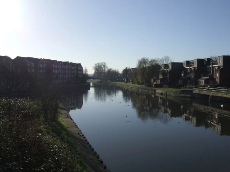 a small river with houses and ducks on the banks