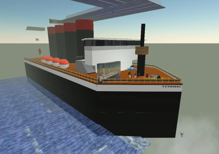 an animation image of a large black and white boat in the water