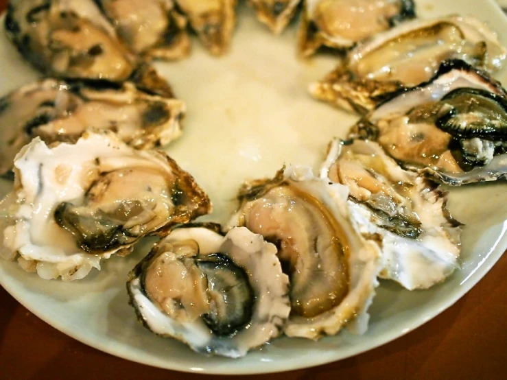 a bowl full of some kind of oyster on a table