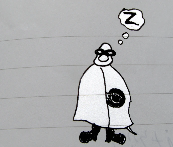a cartoon depicts a man wearing glasses, and thinking about a letter z