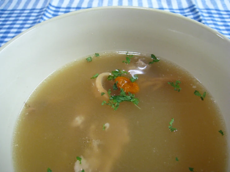 a bowl of soup with a carrot on top