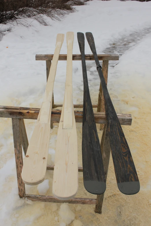 two paddles and one snow ski are lined up next to each other