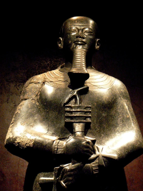 an ancient statue is displayed with one hand