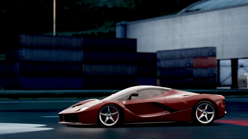 a red sports car parked in front of a building