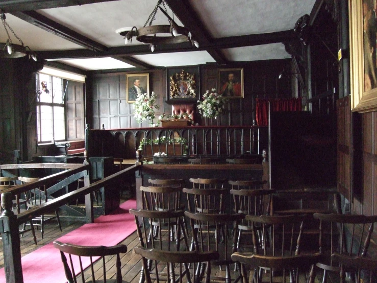 an antique pub set up for a large gathering