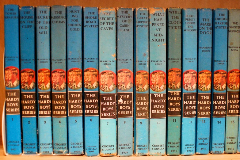 a set of blue books with some pictures on the cover