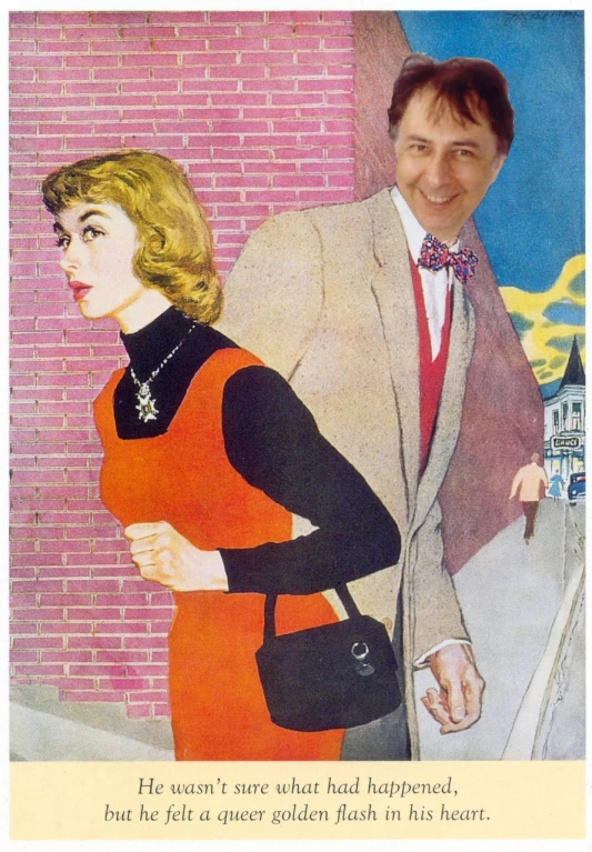man standing next to woman who is dressed in orange