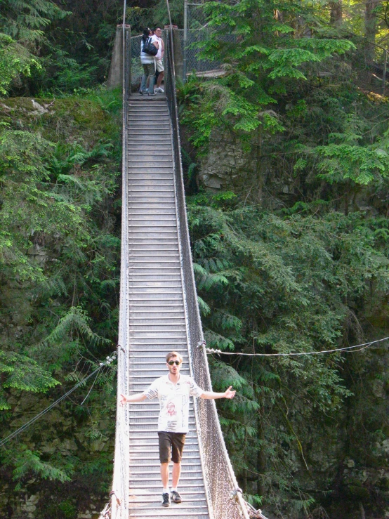 a young man standing on a walkway leading over trees