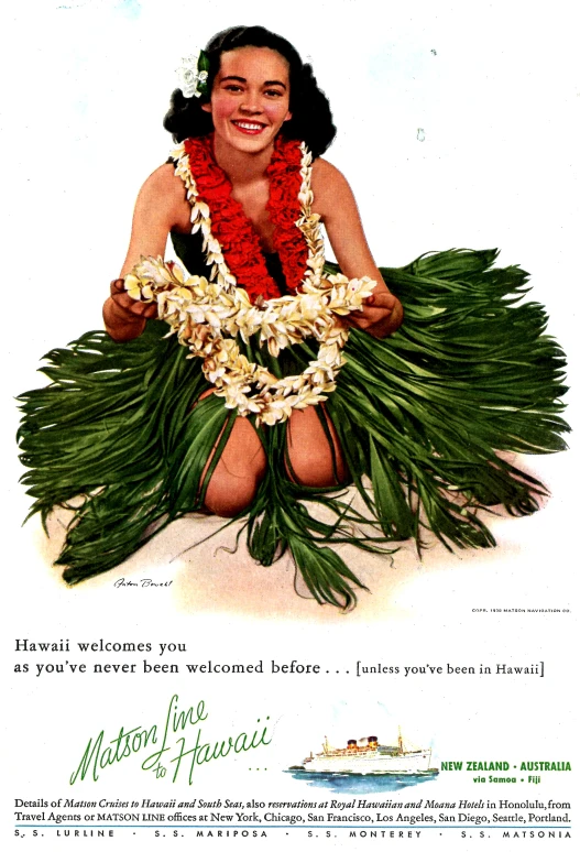 the woman in a hula skirt is sitting on grass