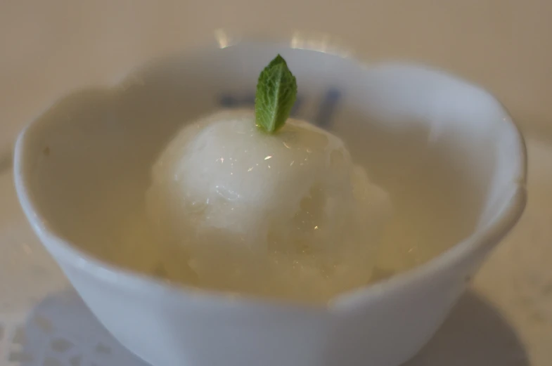 ice cream with green leaf in white bowl