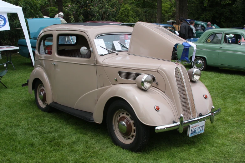 a brown car sitting on top of a lush green field