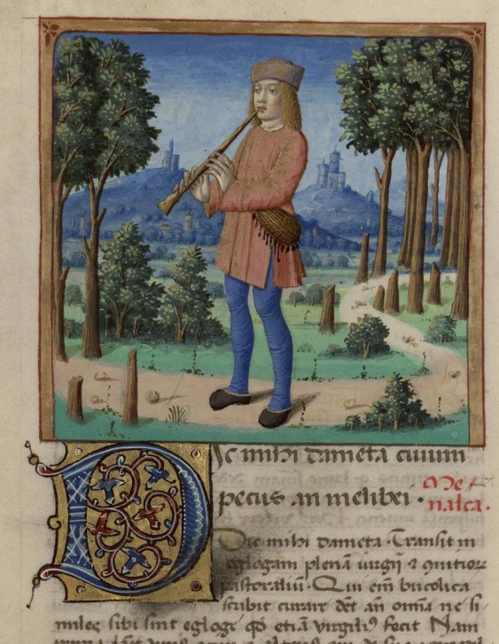 a medieval mcript with a painting of an old man playing the flute