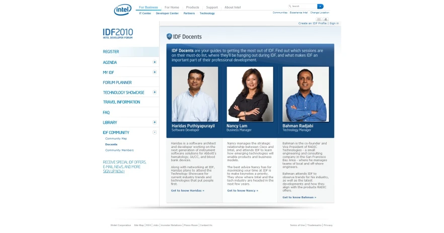 the blue, white and black website home page for intel