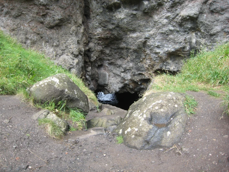 there is a blue sign sticking out of a cave