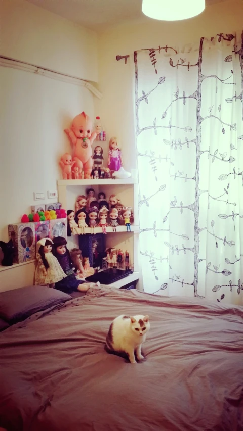 a bed room with an unmade bed and a cat sitting on top of the bed