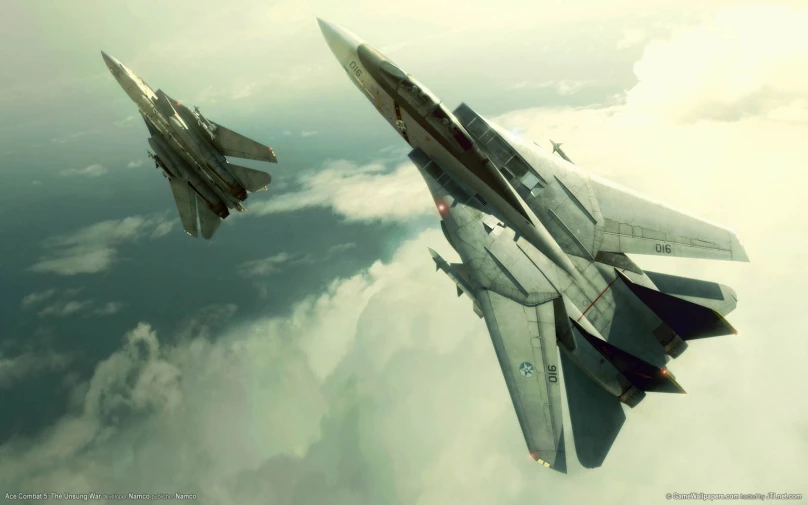 two fighter jets flying through the sky