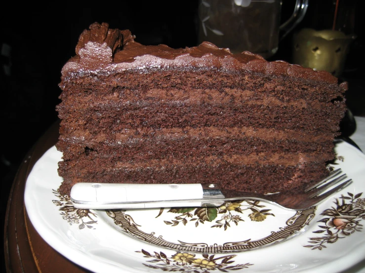 a piece of chocolate cake on a plate with a fork