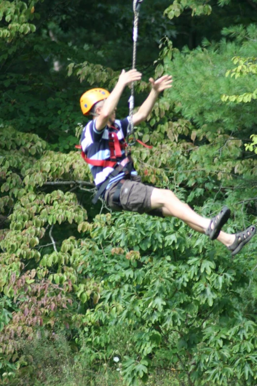 a boy riding a zip line in the forest