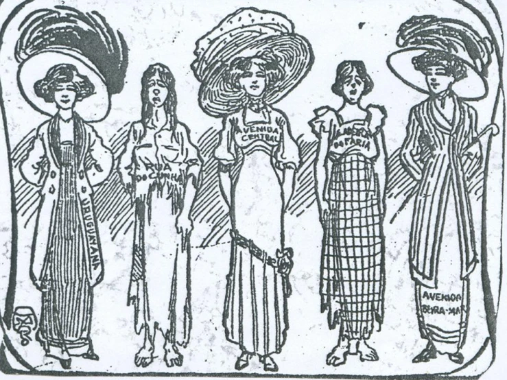 a drawing of women in a line standing side by side