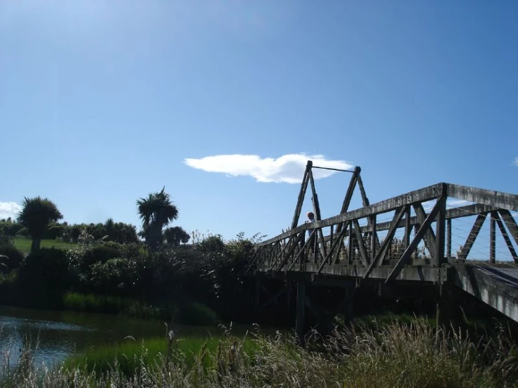 an old bridge over a river near the woods