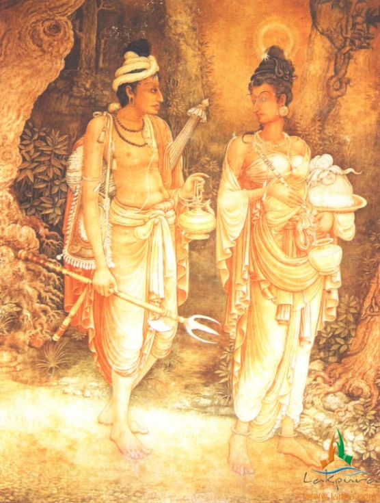 a painting of two male figures in front of a tree