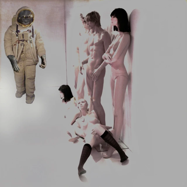 several woman are depicted wearing space suits and mannequins