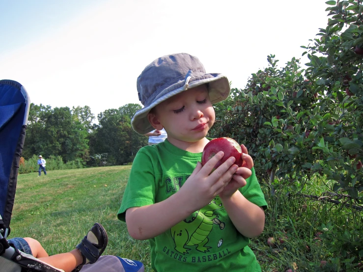 a  in a hat is looking at an apple